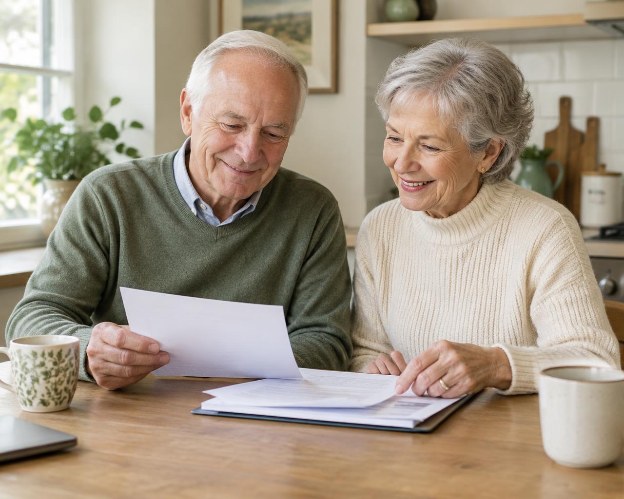 Older couple reviewing papers at a kitchen table